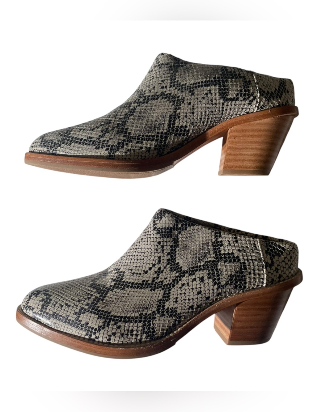 Poppy Barley “The Heeled Mule” in a chic neutral black, beige and taupe snake-s